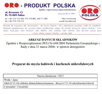 Oro, IP598, preparat do mycia, higieny lodówek i kuchenek mikrofalowych, 500ml