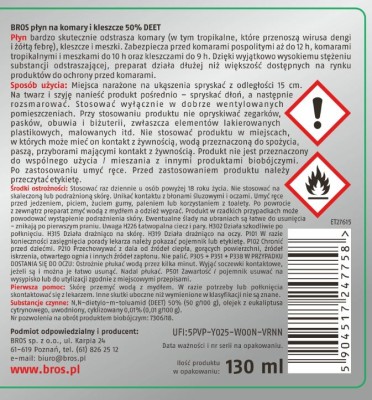 Bros Tropikalny środek przeciw komarom i kleszczom deet 50% płyn w rozpylaczu 130ml 