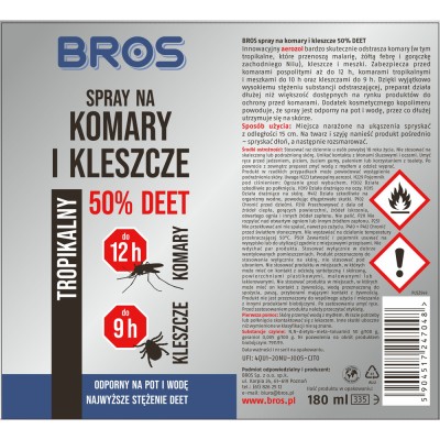 Bros środek przeciw komarom i kleszczom 50% deet w sprayu 180 ml 