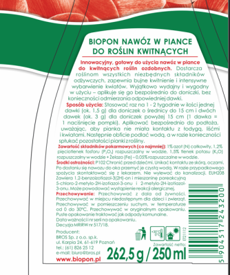 Biopon nawóz w piance do roślin kwitnących 250ml